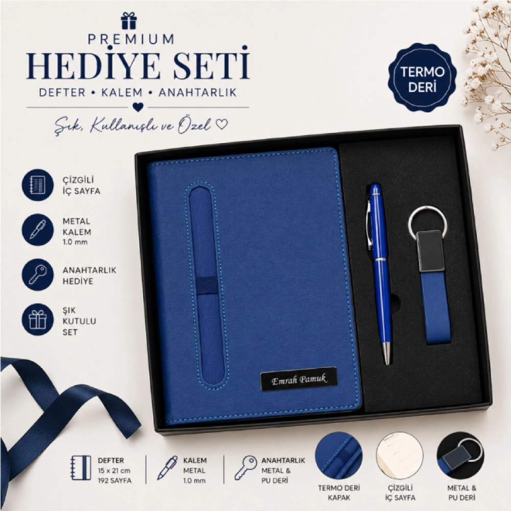 Kişiye Özel Lacivert Defter - Kalem ve Anahtarlık Seti