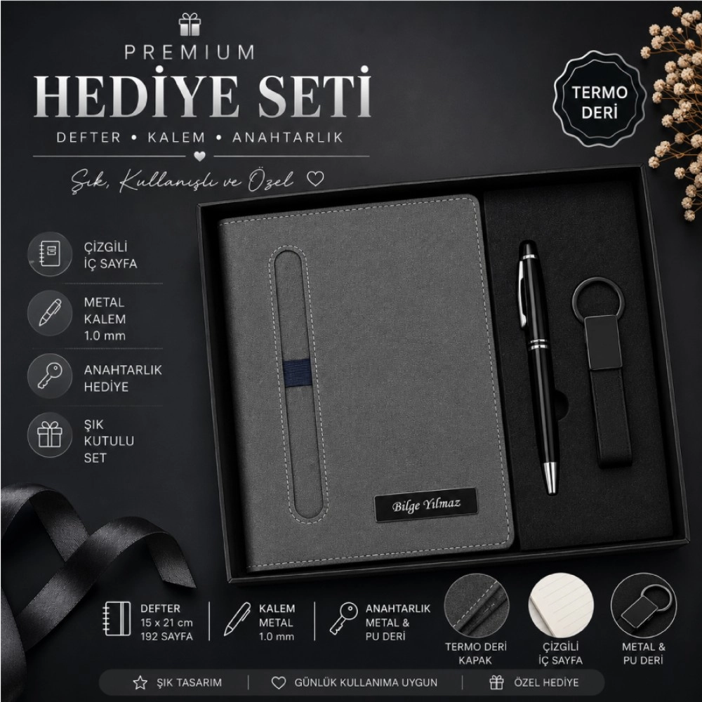 Kişiye Özel Füme Defter - Kalem ve Anahtarlık Seti