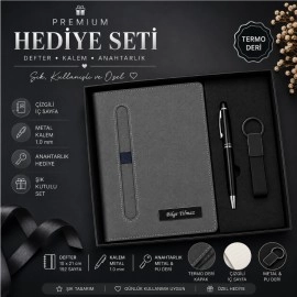 Kişiye Özel Füme Defter - Kalem ve Anahtarlık Seti