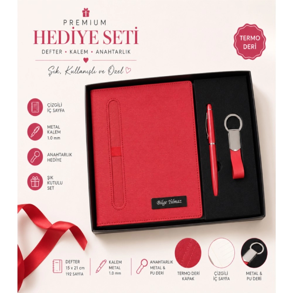 Kişiye Özel Kırmızı Defter - Kalem ve Anahtarlık Seti