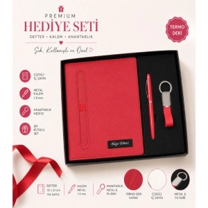 Kişiye Özel Kırmızı Defter - Kalem ve Anahtarlık Seti