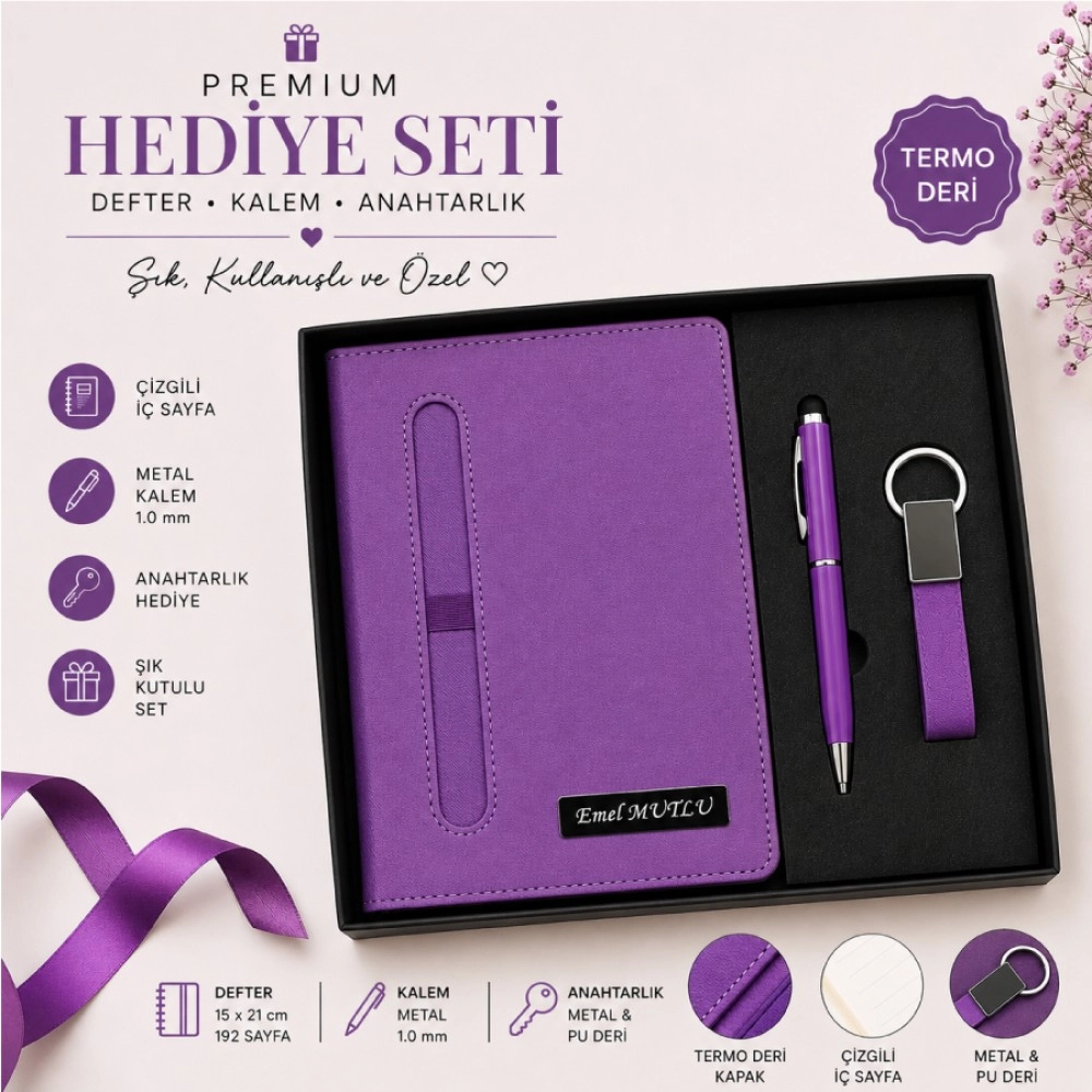 Kişiye Özel Mor Defter - Kalem ve Anahtarlık Seti