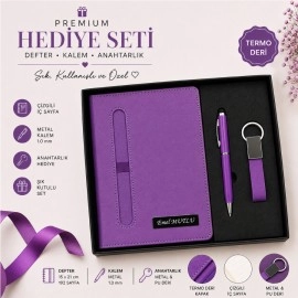 Kişiye Özel Mor Defter - Kalem ve Anahtarlık Seti
